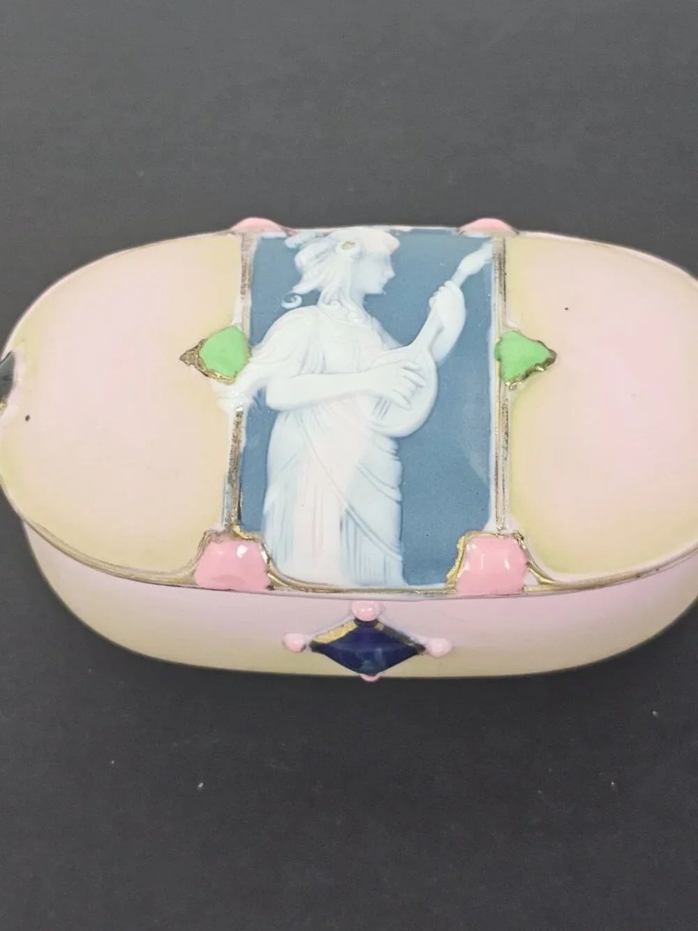 Schafer & Vater Art Nouveau Enamel Porcelain Trinket Box Cameo Jeweled Antique